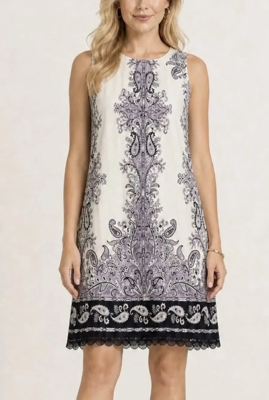 Loft Linen Blend Sleeveless Dress Womens Size 10 Cream Purple Lace Trim Paisley